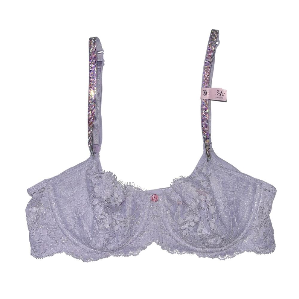 Victoria's Secret Wicked Twinkle Strap Unlined Lace Balconette Bra Lilac 34C